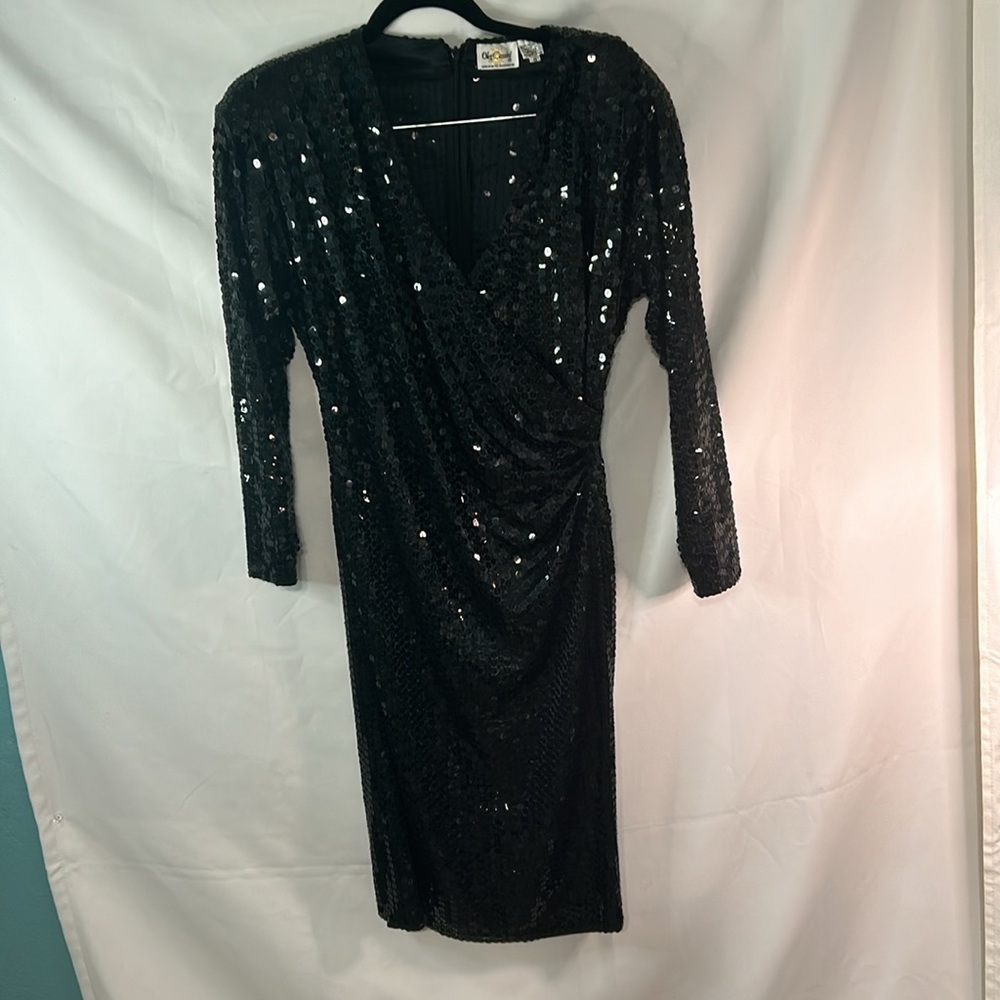 Oleg Cassini black sequin bodycon midi dress size 8 vintage 80's glam